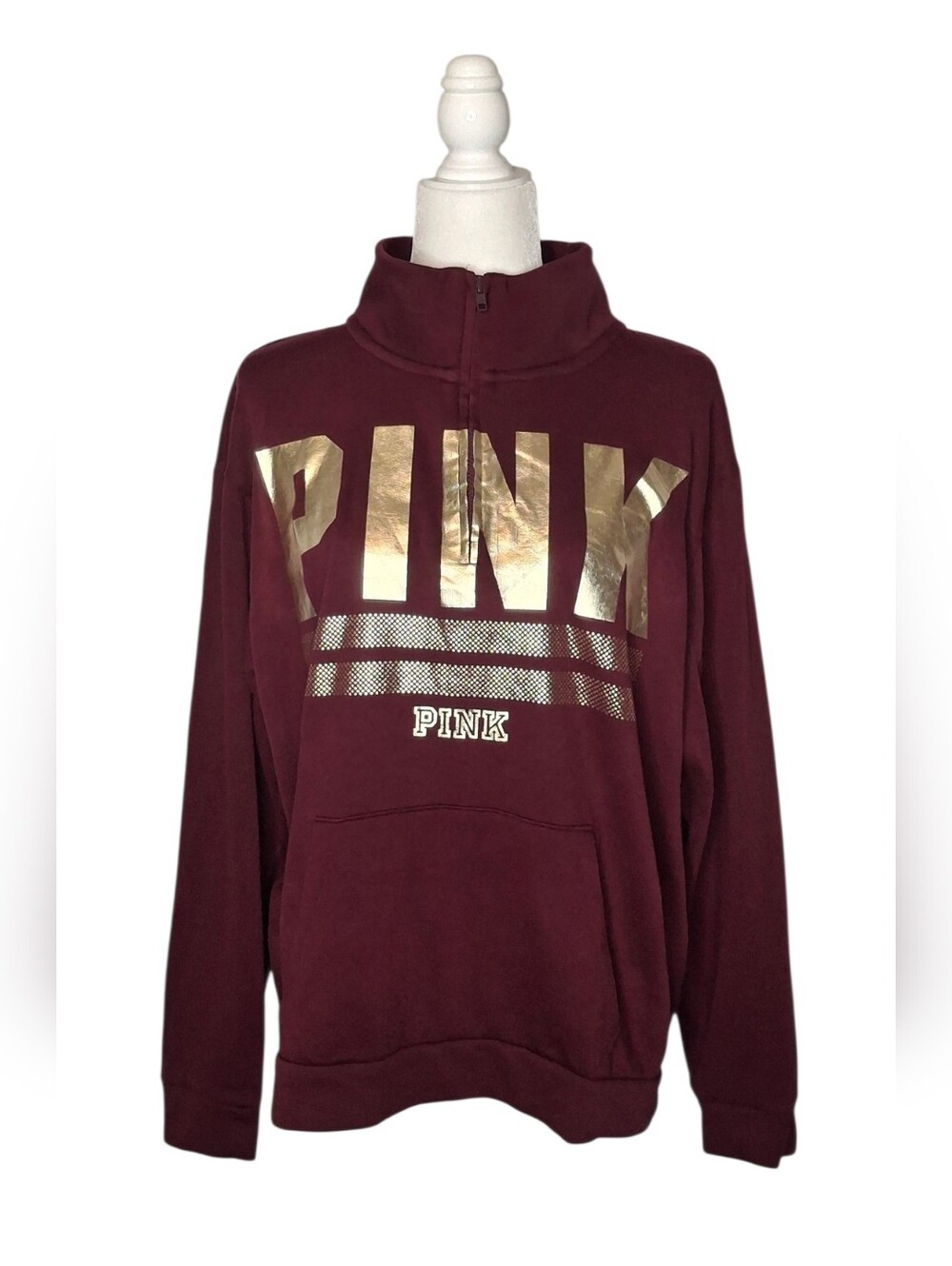 Victoria Secret PINK 1/4 Zip Sweatshirt Size L Maroon Burgundy Gold Cowl Neck
